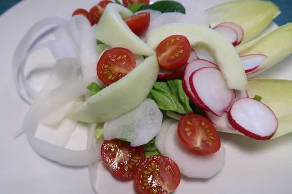 Salat mit Rettich Tomaten Gurkenmelone