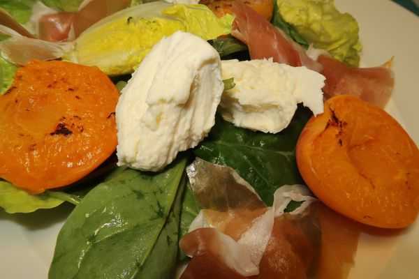 Salat mit gebratenen Aprikosen San Daniele Schinken und Mozzarella